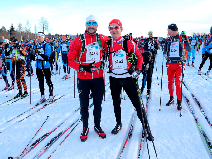 Kronprins Haakon og Kronprins Frederik før starten på Birkebeinerrennet 2017. Foto: Geir Olsen / Birken / NTB scanpix